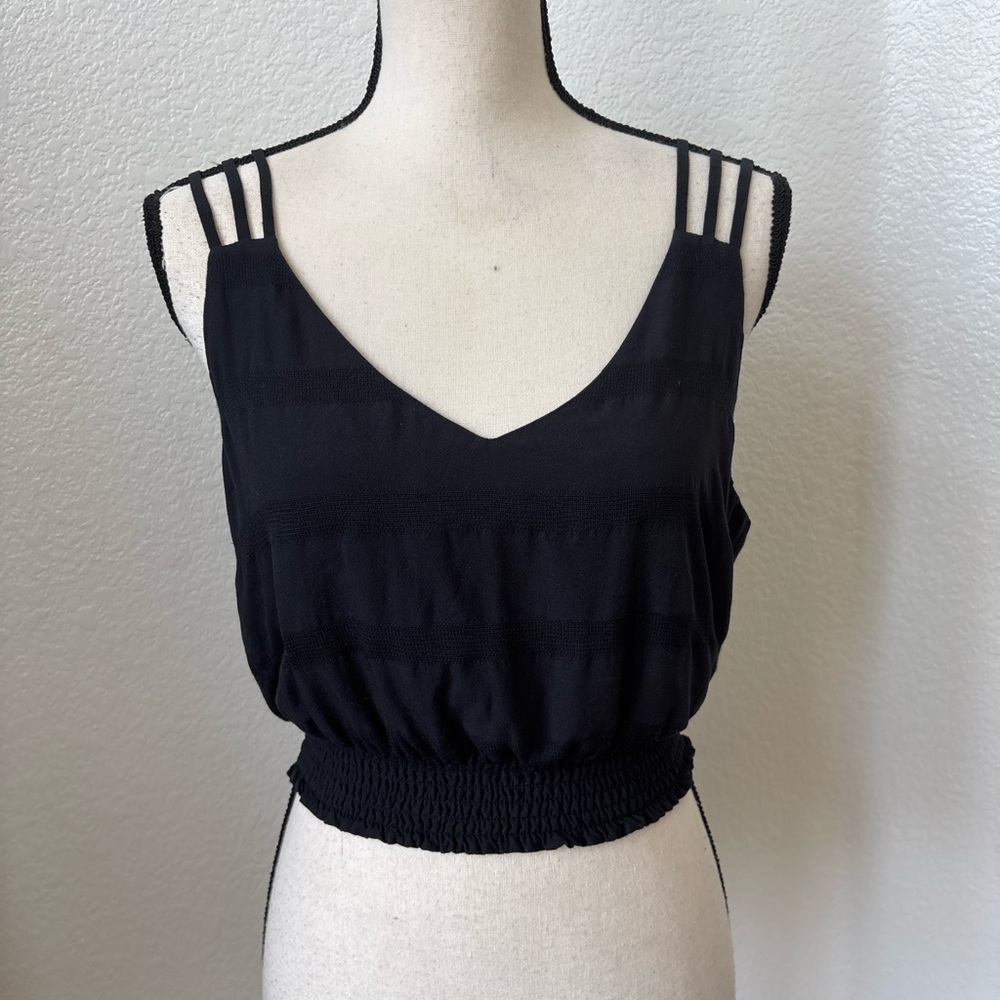 Free People Black Smocked Waist Crop Cami Strappy Bubble Blouson Top Size Small - Picture 2 of 5
